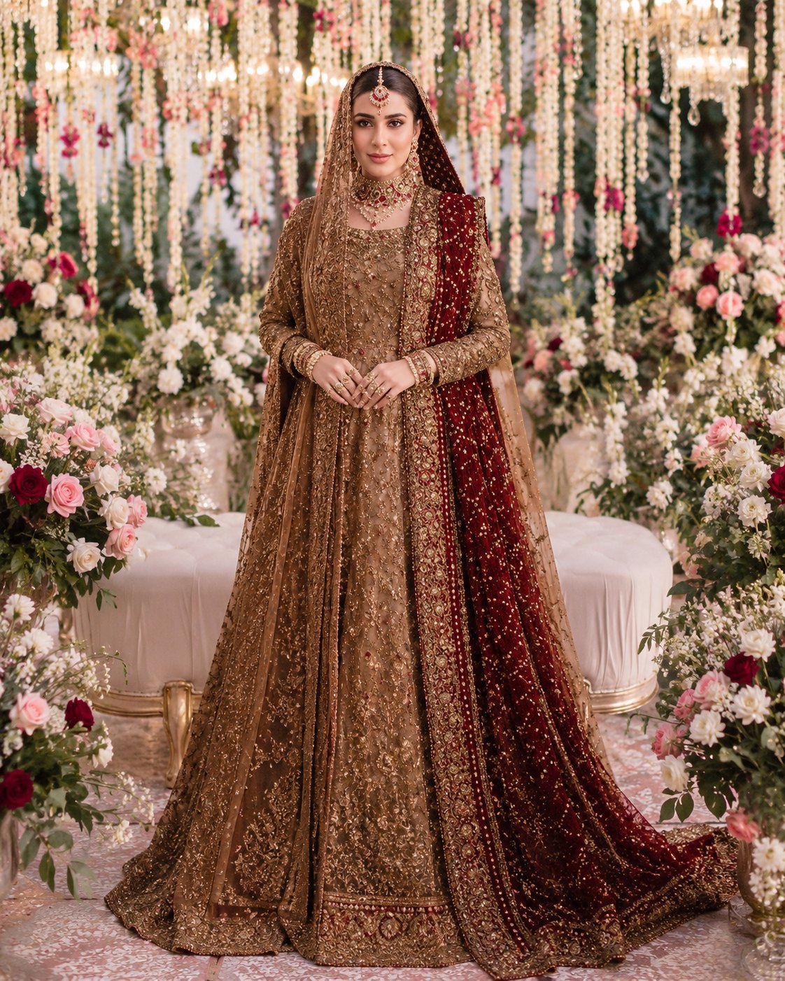 Bronze & Red Peshwas bridal concept by Kaarza